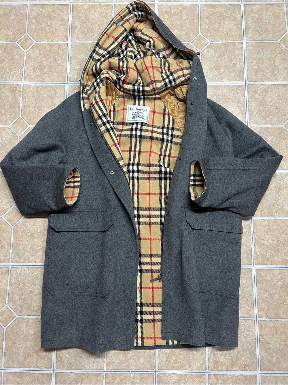 Burberry Gray Wool Pea Coat with Beige Check Lining